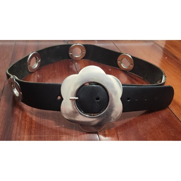 Croute De Cuir Leather Grommet Belt Flower Buckle Black Split Leather Sz 38 Y2K - Picture 5 of 11